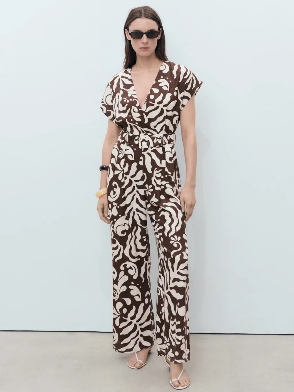 Mango Brown printed linen jumpsuit with belt NWT